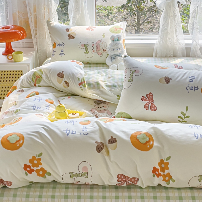 91家纺网 家纺一手货源 找家纺 2025新款全棉13372小清新印花四件套 兔发喜柿