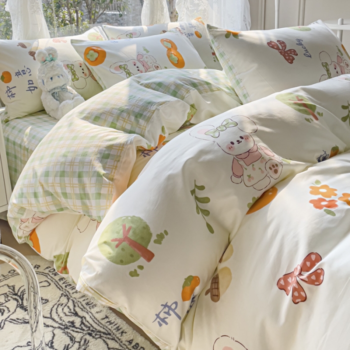 91家纺网 家纺一手货源 找家纺 2025新款全棉13372小清新印花四件套 兔发喜柿