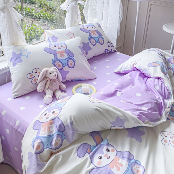 91家纺网 家纺一手货源 找家纺 2025新款全棉13372小清新印花四件套 魔法兔