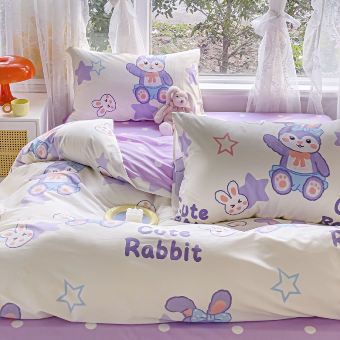 91家纺网 家纺一手货源 找家纺 2025新款全棉13372小清新印花四件套 魔法兔