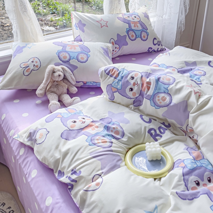 91家纺网 家纺一手货源 找家纺 2025新款全棉13372小清新印花四件套 魔法兔