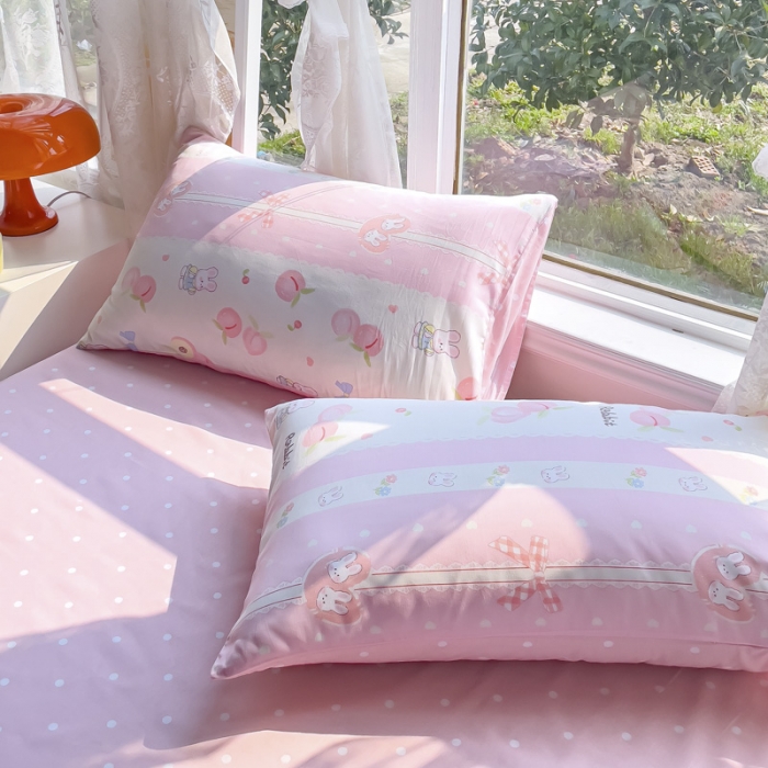 91家纺网 家纺一手货源 找家纺 2025新款全棉13372小清新印花四件套 蜜桃兔