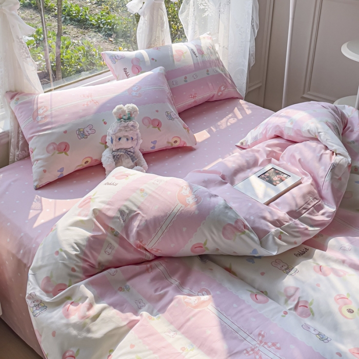 91家纺网 家纺一手货源 找家纺 2025新款全棉13372小清新印花四件套 蜜桃兔