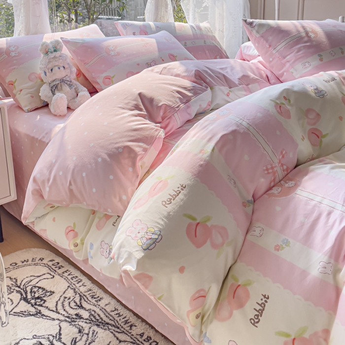 91家纺网 家纺一手货源 找家纺 2025新款全棉13372小清新印花四件套 蜜桃兔