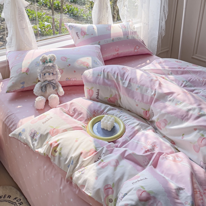 91家纺网 家纺一手货源 找家纺 2025新款全棉13372小清新印花四件套 蜜桃兔