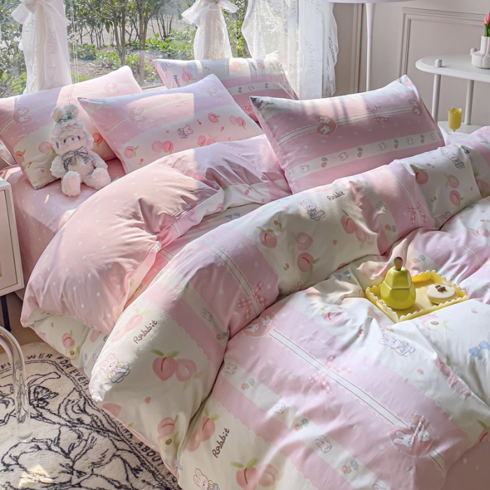 91家纺网 家纺一手货源 找家纺 2025新款全棉13372小清新印花四件套 蜜桃兔