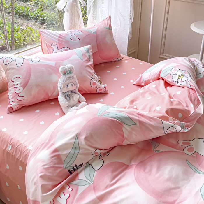 91家纺网 家纺一手货源 找家纺 2025新款全棉13372小清新印花四件套 快乐兔