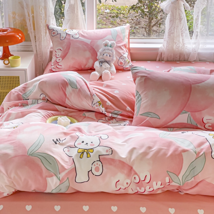 91家纺网 家纺一手货源 找家纺 2025新款全棉13372小清新印花四件套 快乐兔