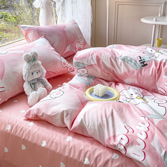 91家纺网 家纺一手货源 找家纺 2025新款全棉13372小清新印花四件套 快乐兔