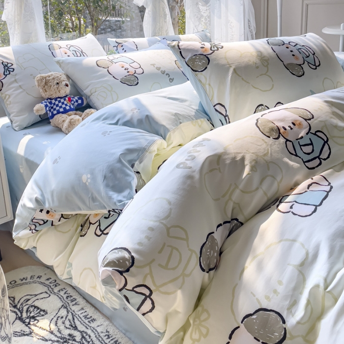 91家纺网 家纺一手货源 找家纺 2025新款全棉13372小清新印花四件套 happy狗