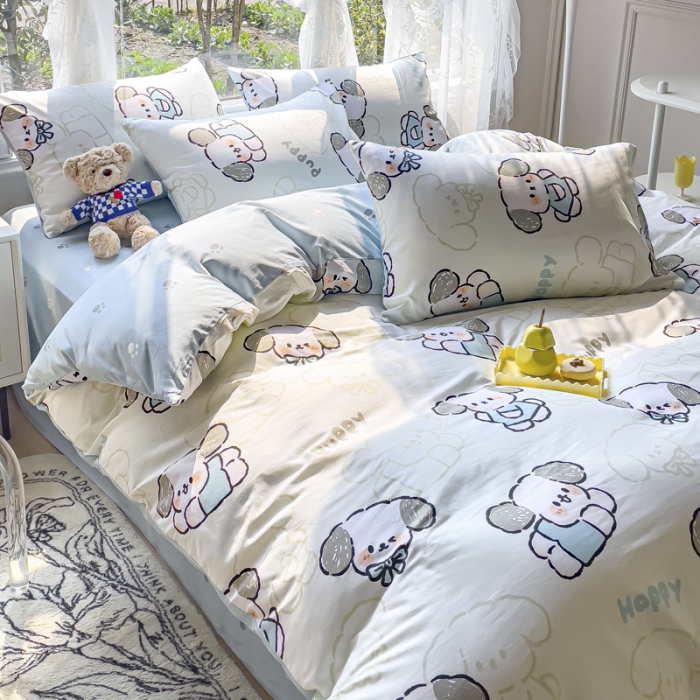 91家纺网 家纺一手货源 找家纺 2025新款全棉13372小清新印花四件套 happy狗