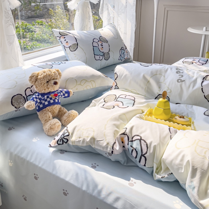 91家纺网 家纺一手货源 找家纺 2025新款全棉13372小清新印花四件套 happy狗