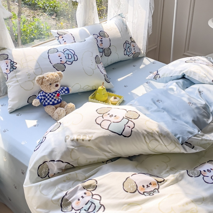 91家纺网 家纺一手货源 找家纺 2025新款全棉13372小清新印花四件套 happy狗