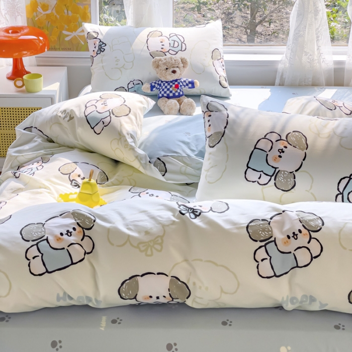 91家纺网 家纺一手货源 找家纺 2025新款全棉13372小清新印花四件套 happy狗