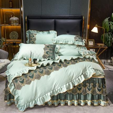 91家纺网 家纺一手货源 找家纺 罗艺轩 2024新款贡缎提花夹棉床裙四件套千鸟格系列 千鸟格-薄荷色