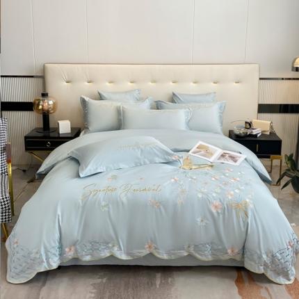 91家纺网 家纺一手货源 找家纺 红嘴企鹅 2025新款水洗真丝绣花蝶恋花四件套 蝶恋花蓝