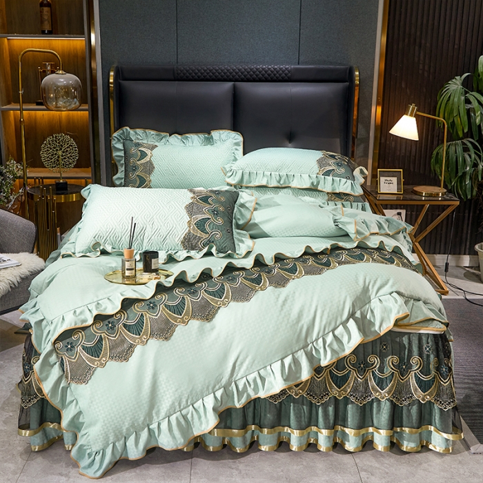 91家纺网 家纺一手货源 找家纺 罗艺轩 2024新款贡缎提花夹棉床裙四件套千鸟格系列 千鸟格-薄荷色