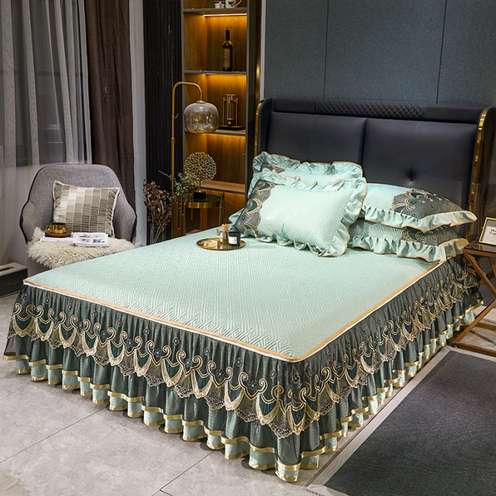 91家纺网 家纺一手货源 找家纺 罗艺轩 2024新款贡缎提花夹棉床裙四件套千鸟格系列 千鸟格-薄荷色