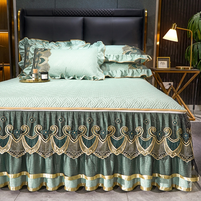 91家纺网 家纺一手货源 找家纺 罗艺轩 2024新款贡缎提花夹棉床裙四件套千鸟格系列 千鸟格-薄荷色