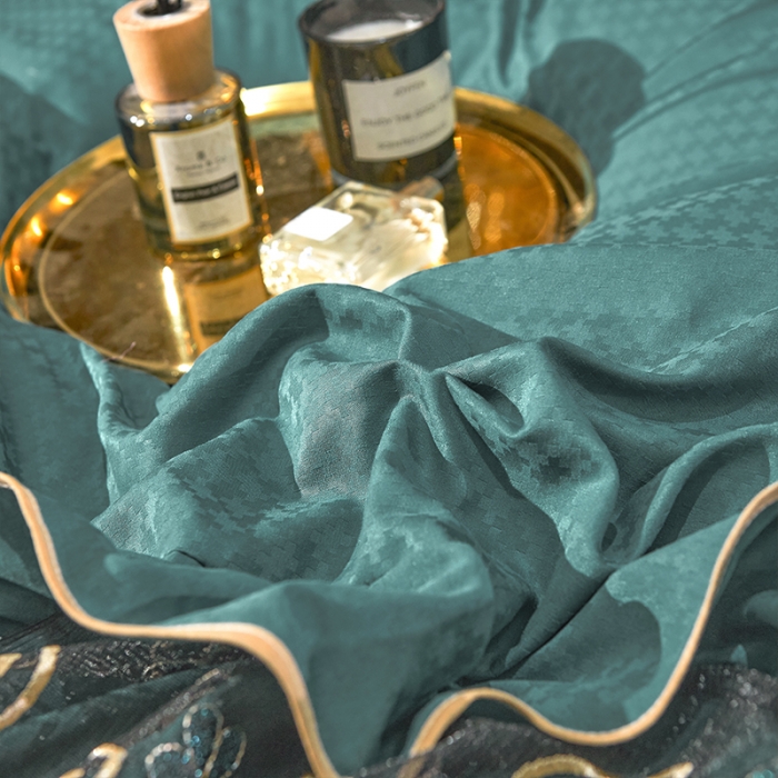 91家纺网 家纺一手货源 找家纺 罗艺轩 2024新款贡缎提花夹棉床裙四件套千鸟格系列 千鸟格-黛绿色