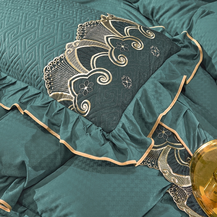 91家纺网 家纺一手货源 找家纺 罗艺轩 2024新款贡缎提花夹棉床裙四件套千鸟格系列 千鸟格-黛绿色