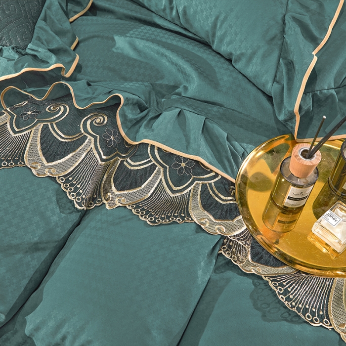 91家纺网 家纺一手货源 找家纺 罗艺轩 2024新款贡缎提花夹棉床裙四件套千鸟格系列 千鸟格-黛绿色