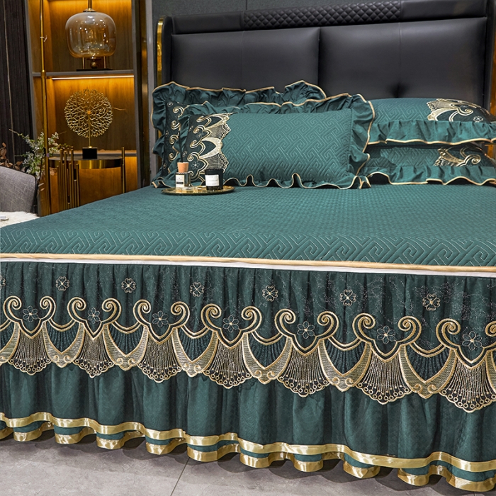 91家纺网 家纺一手货源 找家纺 罗艺轩 2024新款贡缎提花夹棉床裙四件套千鸟格系列 千鸟格-黛绿色