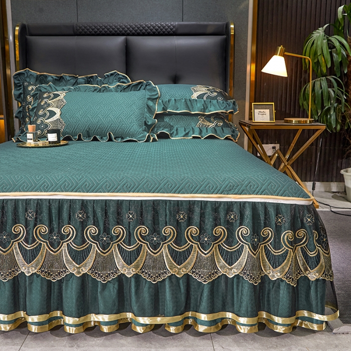 91家纺网 家纺一手货源 找家纺 罗艺轩 2024新款贡缎提花夹棉床裙四件套千鸟格系列 千鸟格-黛绿色