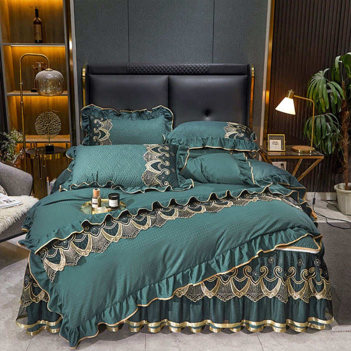 91家纺网 家纺一手货源 找家纺 罗艺轩 2024新款贡缎提花夹棉床裙四件套千鸟格系列 千鸟格-黛绿色