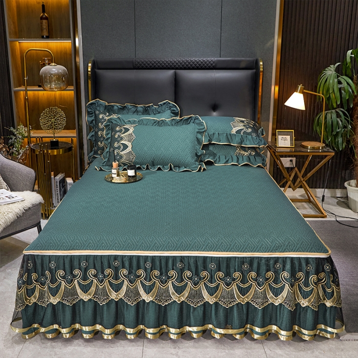 91家纺网 家纺一手货源 找家纺 罗艺轩 2024新款贡缎提花夹棉床裙四件套千鸟格系列 千鸟格-黛绿色