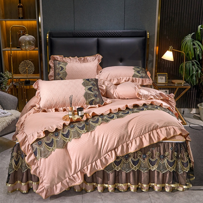 91家纺网 家纺一手货源 找家纺 罗艺轩 2024新款贡缎提花夹棉床裙四件套千鸟格系列 千鸟格-凝脂玉