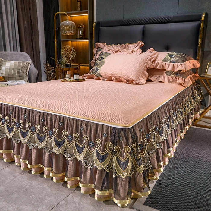 91家纺网 家纺一手货源 找家纺 罗艺轩 2024新款贡缎提花夹棉床裙四件套千鸟格系列 千鸟格-凝脂玉