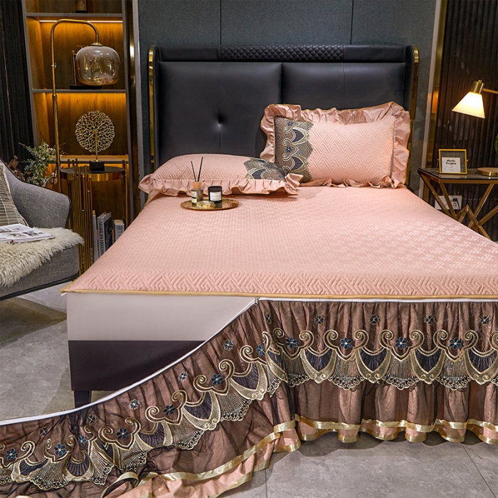 91家纺网 家纺一手货源 找家纺 罗艺轩 2024新款贡缎提花夹棉床裙四件套千鸟格系列 千鸟格-凝脂玉