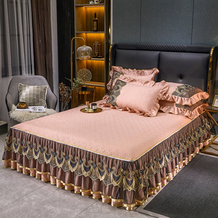 91家纺网 家纺一手货源 找家纺 罗艺轩 2024新款贡缎提花夹棉床裙四件套千鸟格系列 千鸟格-凝脂玉