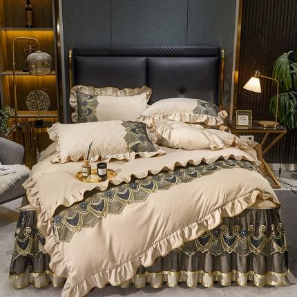 罗艺轩 2024新款贡缎提花夹棉床裙四件套千鸟格系列 千鸟格-香槟金