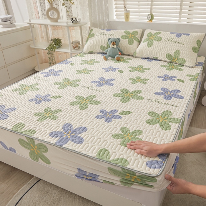 91家纺网 家纺一手货源 找家纺 湘之帛 2024新款0.5乳胶床笠凉席三件套 花海-紫绿