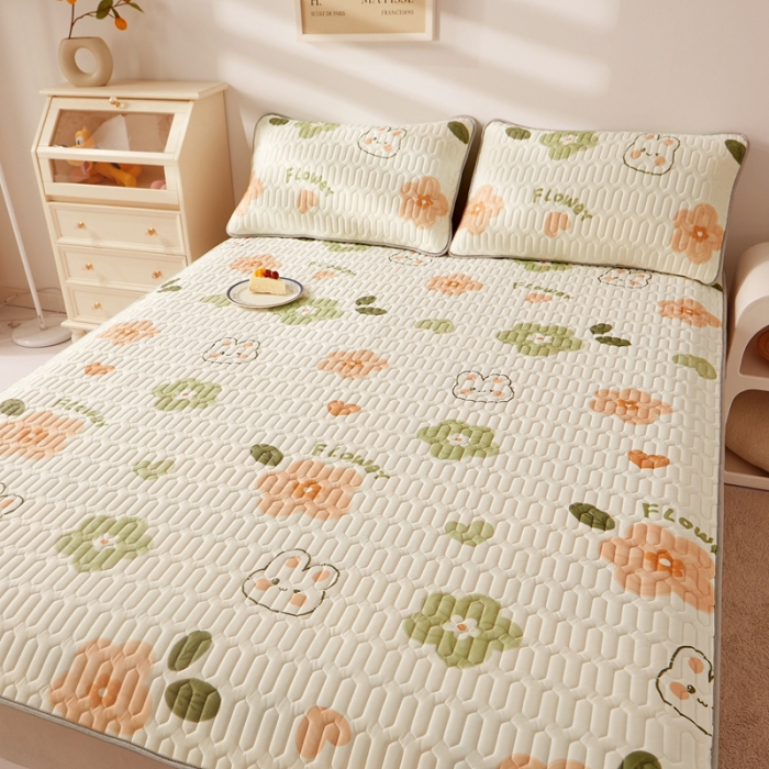 91家纺网 家纺一手货源 找家纺 湘之帛 2024新款0.5乳胶凉席三件套-小兔朵朵-桔