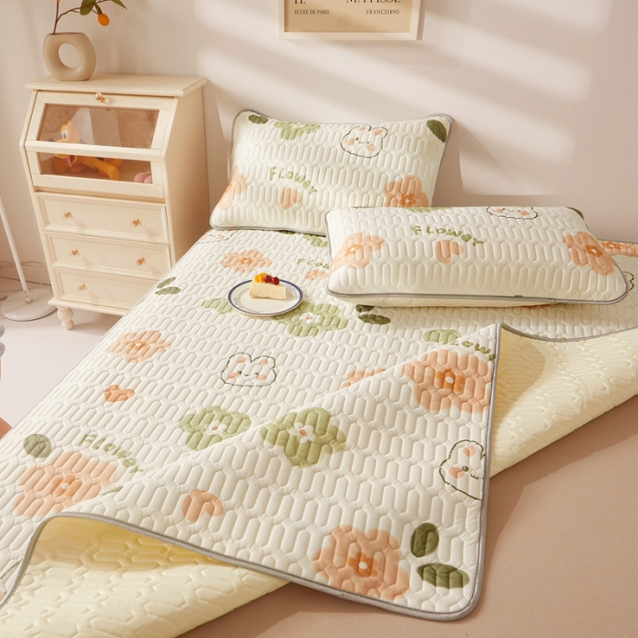 91家纺网 家纺一手货源 找家纺 湘之帛 2024新款0.5乳胶凉席三件套-小兔朵朵-桔