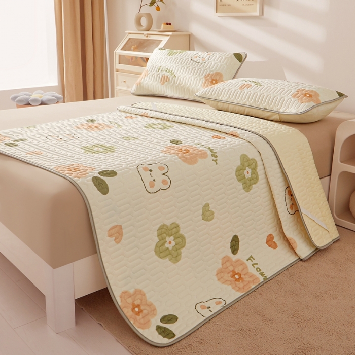 91家纺网 家纺一手货源 找家纺 湘之帛 2024新款0.5乳胶凉席三件套-小兔朵朵-桔