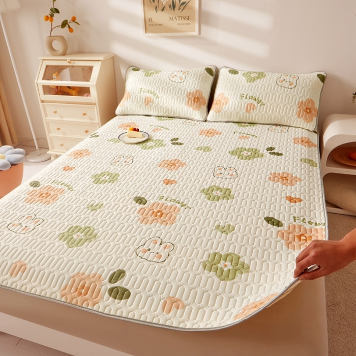 91家纺网 家纺一手货源 找家纺 湘之帛 2024新款0.5乳胶凉席三件套-小兔朵朵-桔