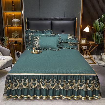 91家纺网 家纺一手货源 找家纺 罗艺轩 2024新款贡缎提花夹棉床裙三件套千鸟格系列 千鸟格-黛绿色