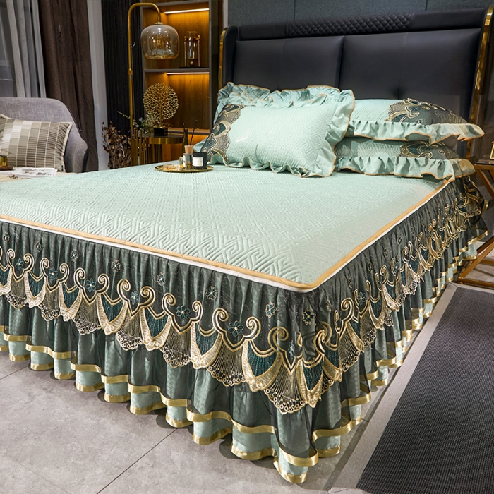 91家纺网 家纺一手货源 找家纺 （总）罗艺轩 2024新款贡缎提花夹棉床裙三件套千鸟格系列