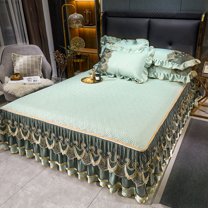 91家纺网 家纺一手货源 找家纺 （总）罗艺轩 2024新款贡缎提花夹棉床裙三件套千鸟格系列