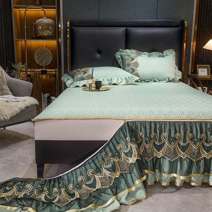 91家纺网 家纺一手货源 找家纺 （总）罗艺轩 2024新款贡缎提花夹棉床裙三件套千鸟格系列