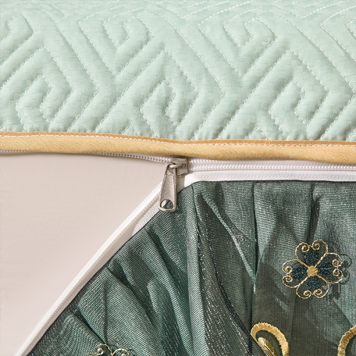 91家纺网 家纺一手货源 找家纺 罗艺轩 2024新款贡缎提花夹棉床裙三件套千鸟格系列 千鸟格-薄荷色