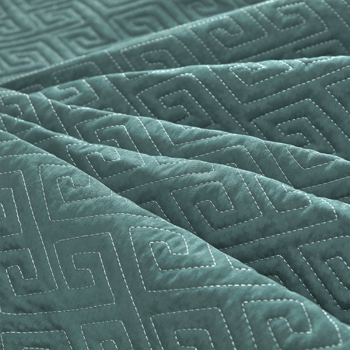 91家纺网 家纺一手货源 找家纺 罗艺轩 2024新款贡缎提花夹棉床裙三件套千鸟格系列 千鸟格-黛绿色