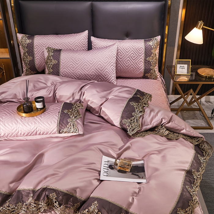 91家纺网 家纺一手货源 找家纺 罗艺轩 2024新款贡缎夹棉床裙四件套凯撒王朝系列 凯撒王朝-宫粉色