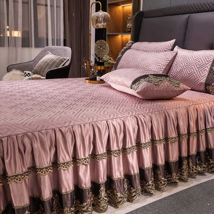 91家纺网 家纺一手货源 找家纺 罗艺轩 2024新款贡缎夹棉床裙四件套凯撒王朝系列 凯撒王朝-宫粉色