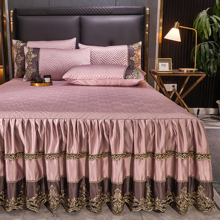 91家纺网 家纺一手货源 找家纺 罗艺轩 2024新款贡缎夹棉床裙四件套凯撒王朝系列 凯撒王朝-宫粉色