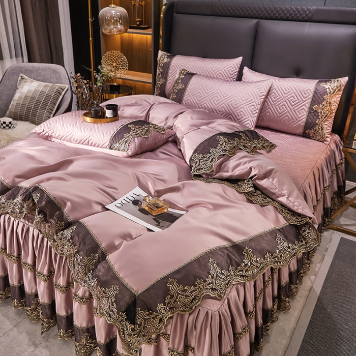 91家纺网 家纺一手货源 找家纺 罗艺轩 2024新款贡缎夹棉床裙四件套凯撒王朝系列 凯撒王朝-宫粉色